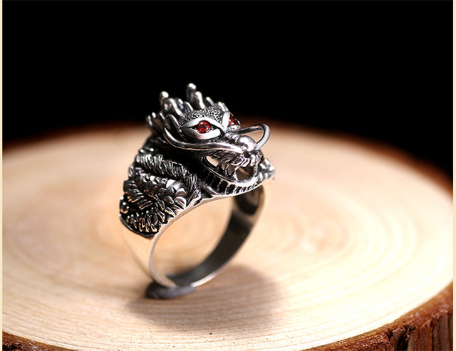 ドラゴン指輪 レッドジルコンアイ リアル925スターリングシルバーリング 男性メンズジュエリー Nnn73