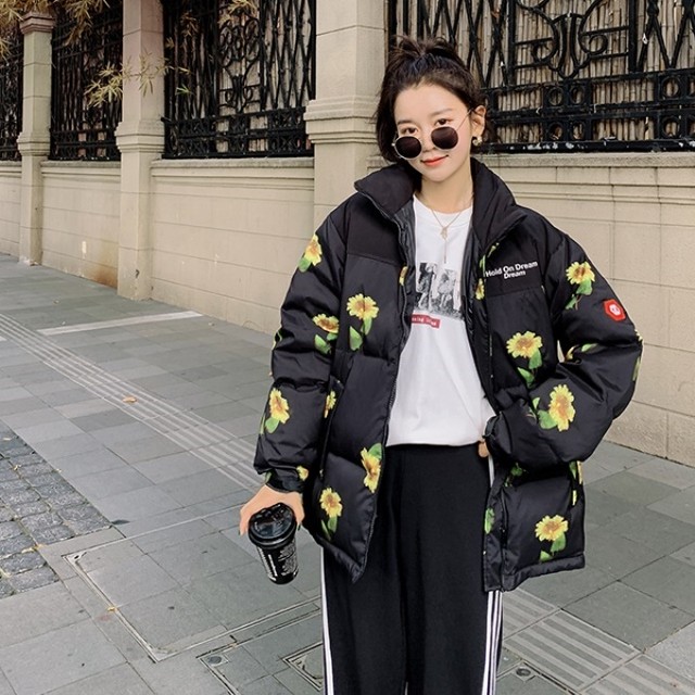 花柄 中棉 ダウンジャケット レディース オーバーサイズ ダウン 韓国 ファッション レディース プリント 総柄 冬 アウター 冬服 レディース ゆったり バイカラー かわいい カジュアル ストリート オルチャン ファッション Vestito