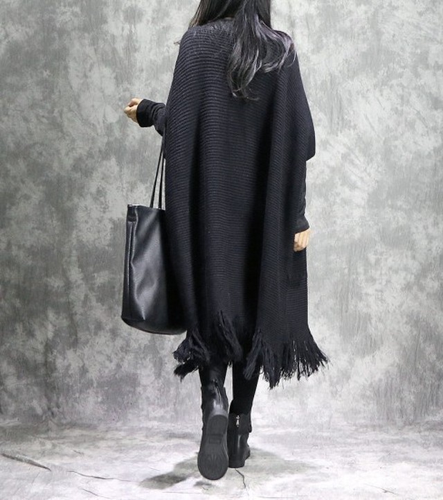 レディース 秋冬 ポンチョ ワンピース ミセス チュニック フリンジ 体型カバー カジュアル 30代 40代 50代 60代 膝丈 ワンピース K0578 Shopmall To You