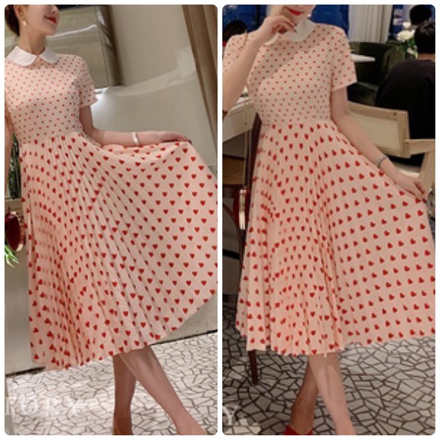 ピンク ワンピース 丸襟 半袖 プリーツ スカート 可愛い ハート 赤 柄 お嬢様 Loveysmileshop