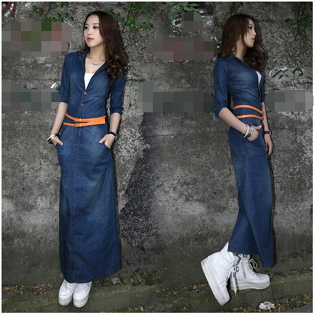 デニムワンピース 七分袖 マキシ丈 デニム生地 ワンピース ウエストベルト Vネック スリット マキシワンピース 韓国レディース キッズファッション Londonbridge ロンドンブリッジ