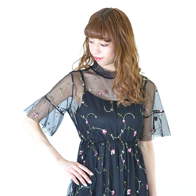 チュール 花刺繍 フレア袖ワンピース アリス