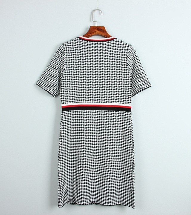 ワンピース ラウンドネック 半袖 ショート丈 千鳥格子 エレガント 春夏 お出かけ お呼ばれ レトロ And C T アンドシーティー 大人可愛い トレンド専門店