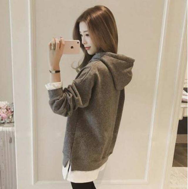 グレー パーカー レディース プルオーバー レイヤード ロング丈 長袖 シンプル 厚手 無地 ゆったり Agarage