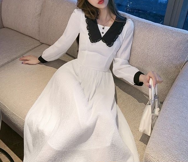 ワンピース ミモレ丈ワンピース バイカラー 長袖 Vネック 襟 レース シフォン 演奏会 およばれ Aライン 着やせ ウエストマーク きれいめ 春 ホワイト お洒落 Ol ワンピの里