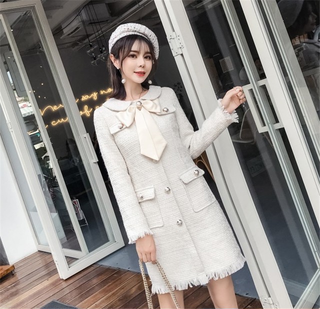 ワンピース 丸襟 リボン フリンジ ミニ丈 フロントボタン レディース ツイード 上品 エレガント 可愛い キュート 大人 長袖 キレイめ クラシカル 秋冬 ウッディーベース1号店