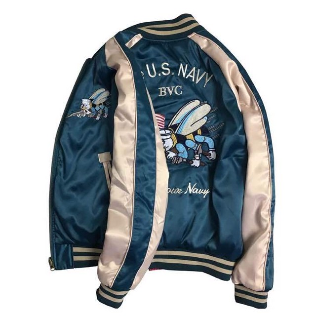 14日 21日お届け スカジャン 男女兼用 横須賀メンズ刺繍 ブルゾン 鶴 サテン 光沢 リバーシブル 二面 両面 フライトジャケット レディース アウター 秋長袖 Fashionlist