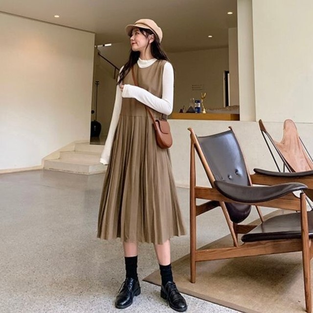 全2色 ワンピース ジャンパースカート プリーツ 切り替え 無地 ガーリー ノースリーブ かわいい ロング ワンピ きれいめ 秋 A567 Happinessshop ハピネスショップ レディース ファッション アイテム トレンド