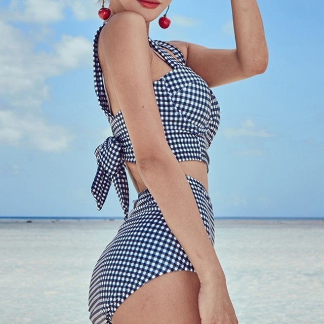 ハイウエスト ビキニ ギンガムチェック バックリボン ビスチェ風 トレンド 人気 水着 レディース Aeka Clothet