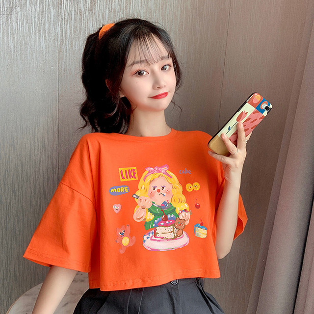 送料無料 Tシャツ 半袖 ショート丈 オレンジ 韓国ファッション レディース トップス ラウンドネック プリント かわいい カジュアル シンプル ガーリー Dtc Og レディースファッション通販 Mask エムエーエスケー 大人可愛い韓国ファッション
