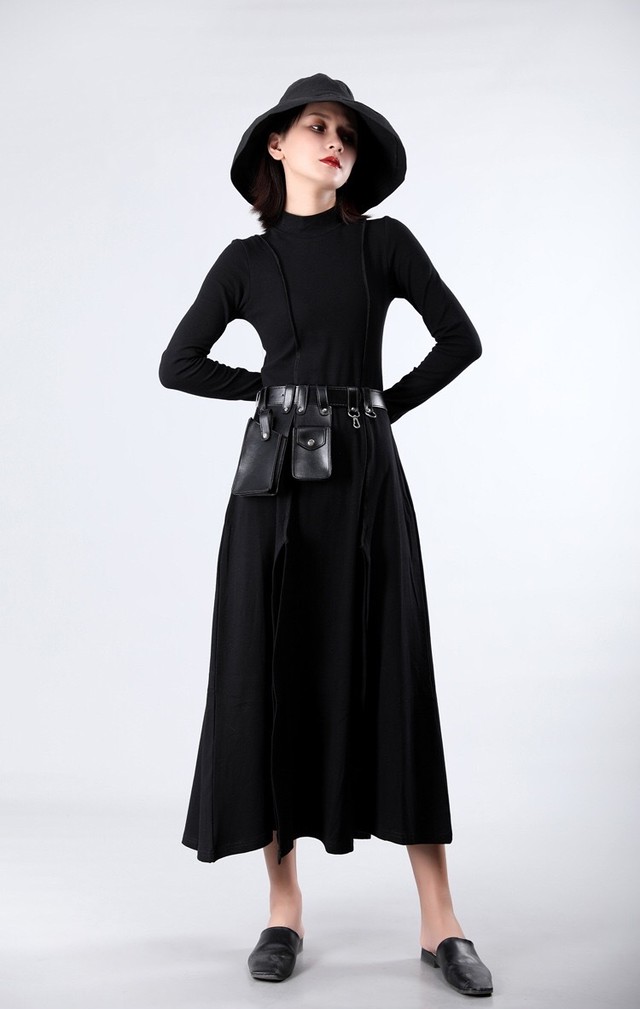 オシャレ スリット入りジャージーワンピース 黒 モード カジュアル シンプル 赤 Import Fashion Hikari