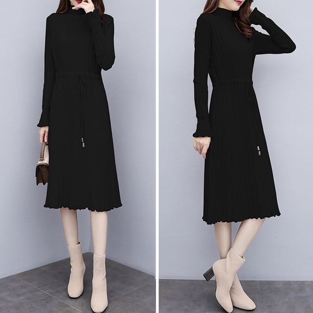 ワンピース レディース 黒 長袖 膝下 膝丈 秋 冬 Aライン ハイウエスト フレア セミフォーマル Ftnstyle