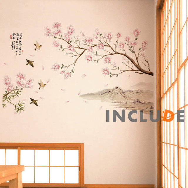 ウォールステッカー 春 春眠 春の訪れ 鶯 ウグイス うぐいす メジロ モクレン 木蓮 花 山 山の重なり 水彩画 フラワー 綺麗 花びら 男子より花 可愛い Kabe Kawaii