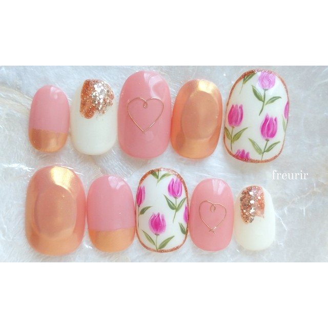 ネイルチップ お花 チューリップ ミラー ワイヤー ピンク Nailfleurir