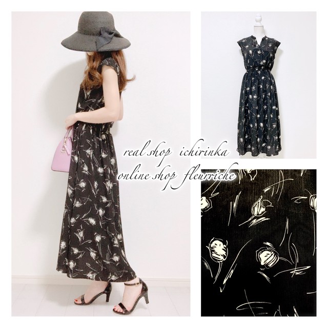 花柄フレンチスリーブワンピース ブラック Fleurriche