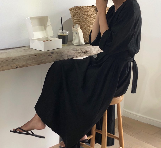 Vネック 前ボタン ワンピース ロング丈 ウエストリボン 2color 大人カジュアル 韓国 オルチャン かわいいおんなのこ