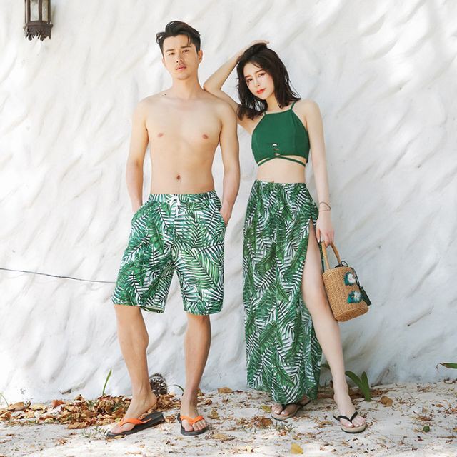 水着 カップル水着 ペアルック 水着 メンズ 水着 レディース 体型カバー 3点セット ハイウエスト グリーン トロピカル柄 リボン パレオ 海水パンツ ペア水着 恋人 おそろい お揃い グリーン S M L Xl Favoriteselect