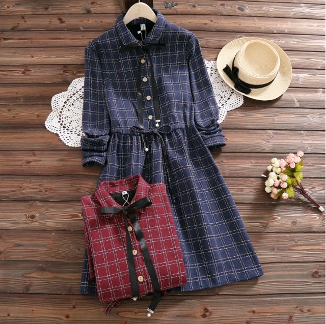 レトロ風 チェック ワンピース 長袖 レトロ ヨーロッパ風 ベルベット 秋 冬 膝丈 ウエスト スリム 蝶ネクタイ リボン 英国 Sugar Daystyle シュガーデイスタイル
