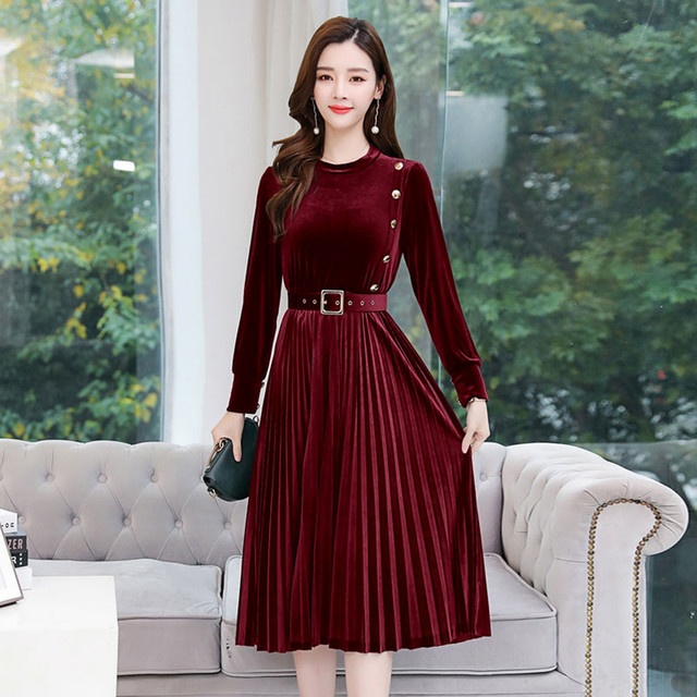 ベルベットワンピース ロング丈 プリーツワンピース レディース 冬 春 二次会 お呼ばれ お洒落 ベロア ワンピース お出かけ 着痩せ パーティードレス 上品 大人可愛い Officewalaa オフィスワラア レディースファッション スタイル