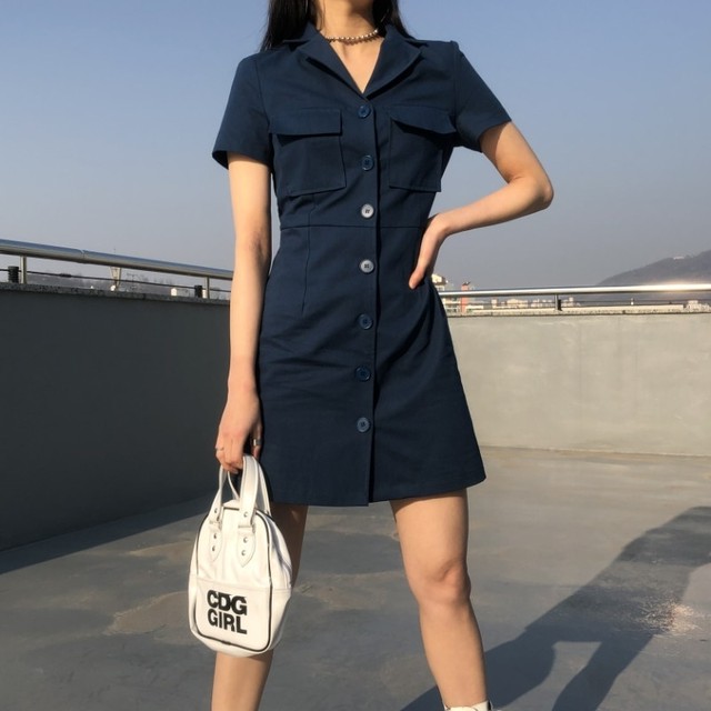シャツワンピース ワンピース カジュアル ブルー シンプル カジュアル 学生 デート 半袖 韓国 オルチャン 韓国レディースファッション通販 ポワン