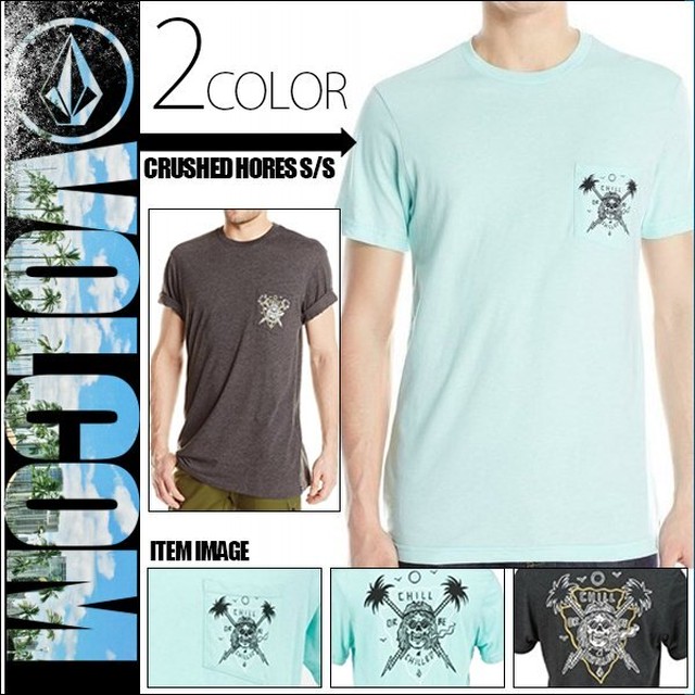 A ボルコム Tシャツ メンズ 半袖 ポケット おしゃれ 人気ブランド 夏 海 リゾート 選べる2カラー 青系 黒系 S Crushed Hores S S Volcom Beachdays Okinawa