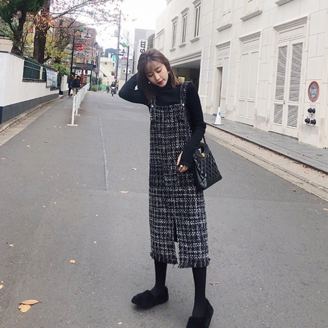 ジャンパースカート ジャンパースカート秋冬 ツイードジャンパースカート ワンピース ツイードワンピース ミディ丈 ロング丈 ポケット カジュアル オフィス エレガント フロントスリット 上品 Leaflower 001 リーフラワー レディースファッション専門店