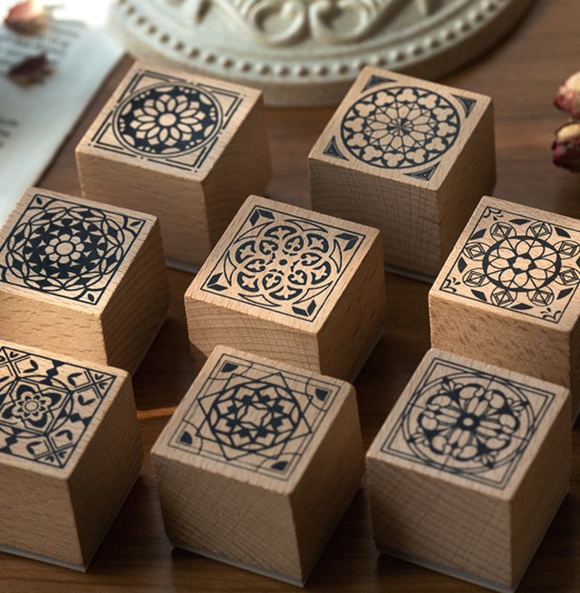 H062 欧風アンティークタイルシリーズ 木製スタンプ 全８種セット Cherish365 Zakka