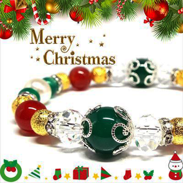 【Happy Xmas♪】天然石グリーンメノウ&カーネリアン クリスマスデザインブレスレット(10mm)★