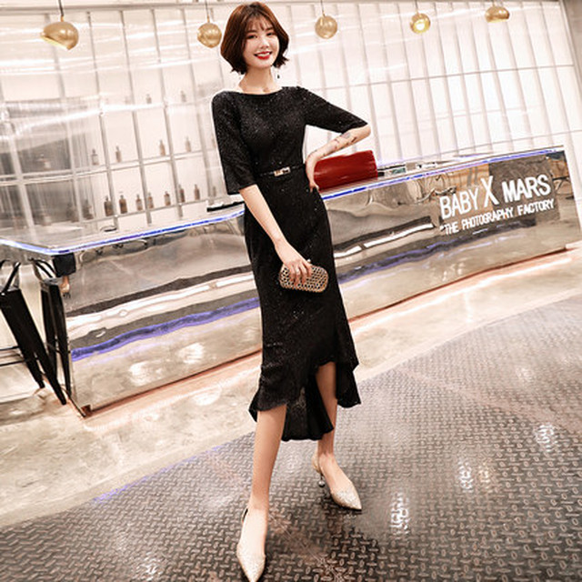 スパンコール ラメ ボートネック 五部袖 細ベルト付き マーメイドミディワンピース イヴニングドレス グレー 黒 赤 青 7522 ブライズメイド パーティードレス専門店glitter Glamour グリッターグラマー