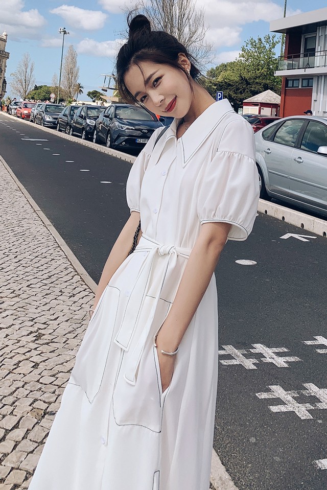 シンプルなシャツワンピース 半袖 ハイウエスト ミモレ丈 カジュアル Mpuo Miya