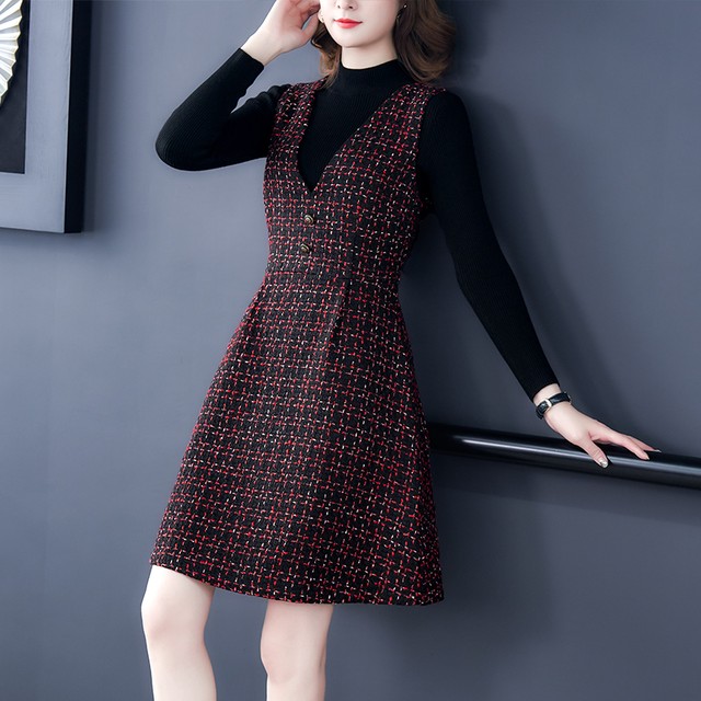 レディース ツーピース ワンピース ひざ上丈 ミニ丈 タートルネック Vネック 長袖 ノースリーブ ツイード シンプル エレガント 秋冬 お出かけ デート レッド Officewalaa オフィスワラア レディースファッション スタイル