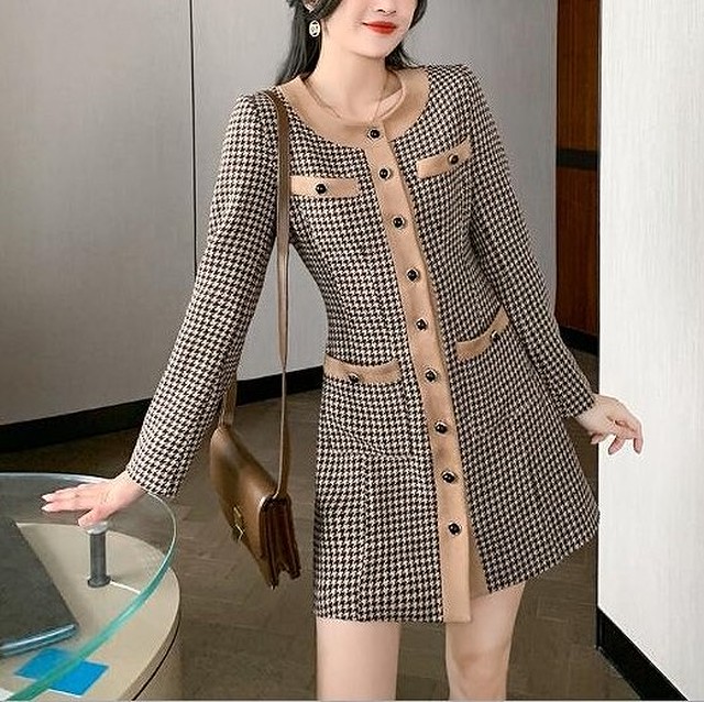 ワンピース レディース 膝丈 ワンピース ショート丈 長袖 千鳥格子 チェック柄 ラウンドネック およばれ Aライン 着やせ おしゃれ きれいめ 韓国風 春 秋 ワンピの里