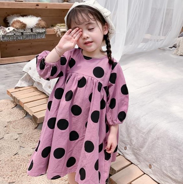 キッズ ドットワンピース 韓国子供服 くすみカラースカート レトロワンピ Syanu Shop子供服 韓国子供服 韓国ベビー服 キッズベビー