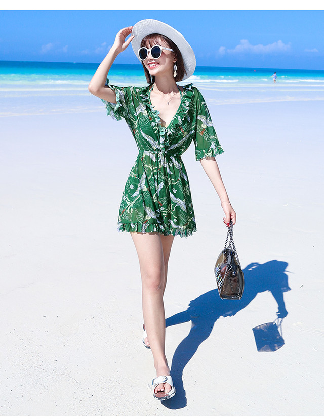 鶴柄 ワンピース付き リボンビキニ 全２色 青 緑 水着 大きいサイズ 体型カバー Lalas