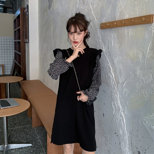 ワンピース ドッキングワンピ 重ね着風 レイヤード風 異素材ミックス フリル おしゃれ 長袖 ひざ上丈 大人可愛い きれいめ カジュアル デイリー お出かけ 女子会 デート 春 秋 レディース Sunrise0911