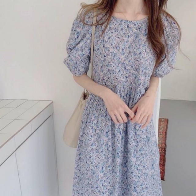 送料無料 ラベンダー 花柄 ワンピース ロング 半袖 春 スプリングワンピース フレア Aライン Santamonic Trend セレクトショップ