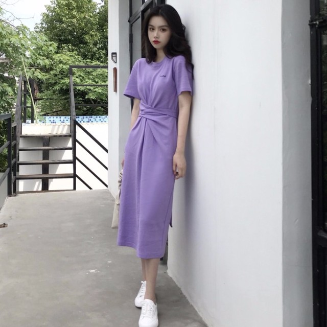ワンピース ウエストマーク ラベンダー バックリボン 韓国ファッションオルチャン 10 20代向け 韓国 オルチャンファッションyoung Ol Chan