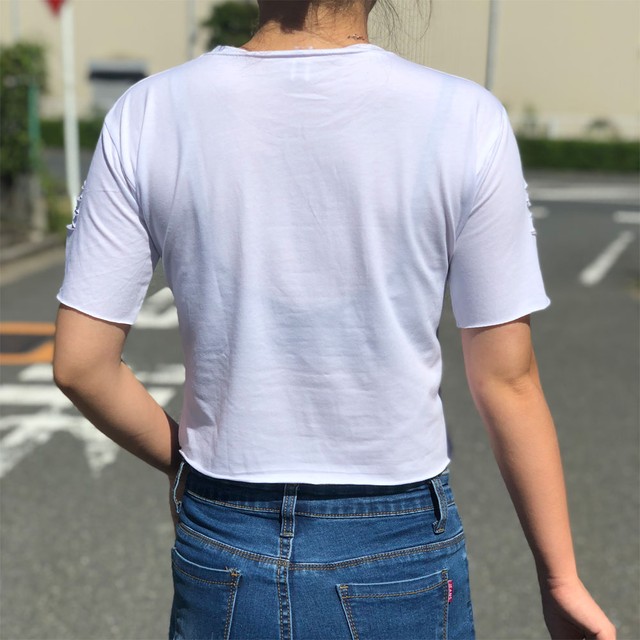 へそ出し トップス レディース 半袖 ロゴ Tシャツ ダメージ シャツ ショート丈 白 黒 文字 プリント 春 夏 お洒落 トップス Infini Arc En Ciel