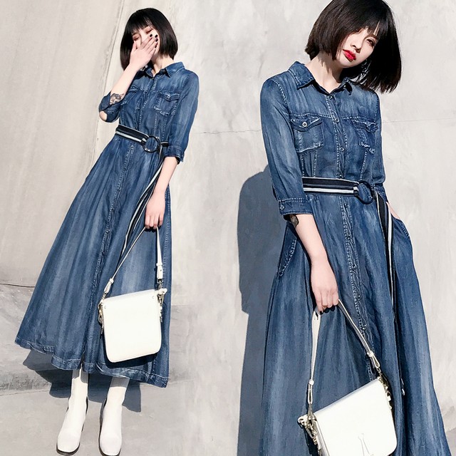 ワンピース デニムワンピース ジーンズ シャツワンピース ボタン ミモレ丈 ロング丈 ベルト ポケット ストライプ 7分袖 大人 カジュアル 秋 トレンド フレア デート Like Fashion プラス