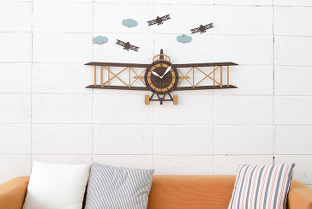 プロペラ 飛行機 モチーフ イラスト かわいい 子供部屋 時計 インテリア Clock クロック 壁掛け ウォール ウォッチ オシャレ Clock Flog