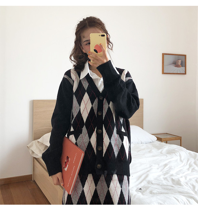 上下セット ニット ニットセーター カーディガン 厚手 制服 重ね着 アーガイルチェック 秋新作 ミニスカート ニットスカート 膝上スカート 可愛い 愛され服 Tricot By Arroser