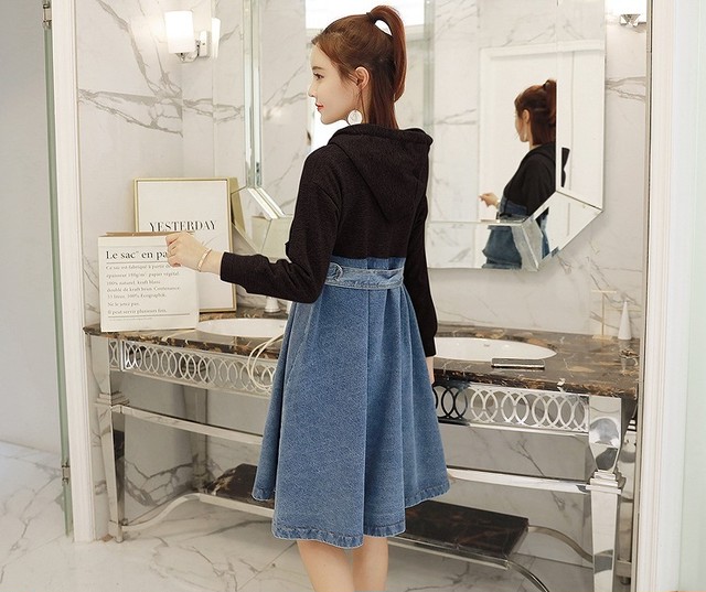 大きいサイズ レディース レイヤード風異素材パーカーワンピース デニム 秋冬 重ね着 大きいサイズ 送料無料 レディース通販店 ｋｅｃｃｈi 静岡 Base売り場