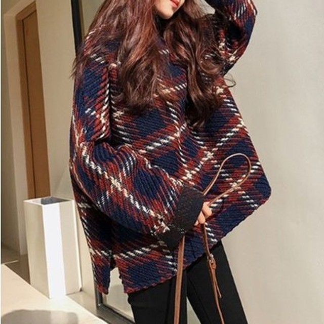 ニット セーター ニット レディース 新品 安い 大きめ トップス 韓国 40代 レッド チェック柄 暖かい 長袖 大きいサイズ ゆったり 体型カバー 韓国風 ワンピの里