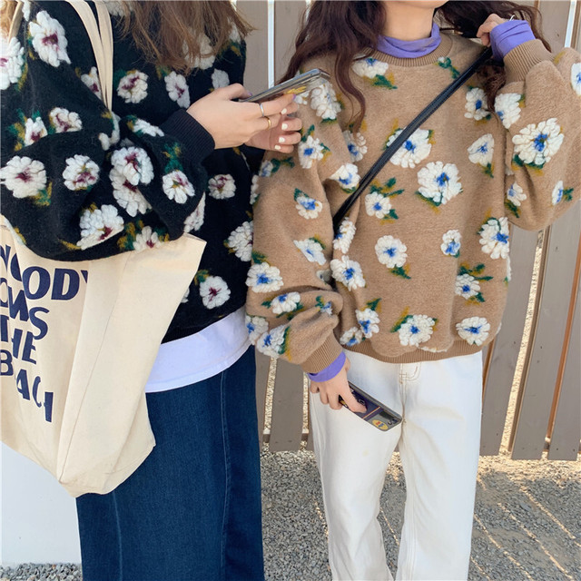 〈カフェシリーズ〉フラワーデザインニットセーター【flower design knit sweater】