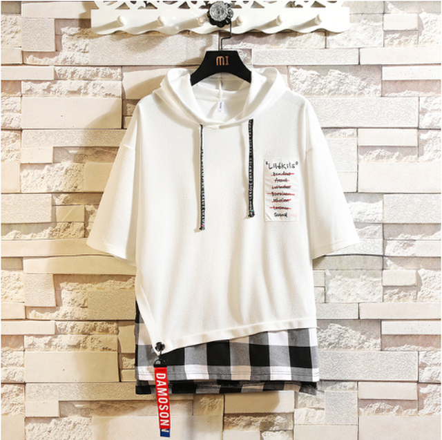 メンズ 夏 パーカー 半袖 パッチワーク アシメ 5分丈 カジュアル シンプル チェック柄 Innosence