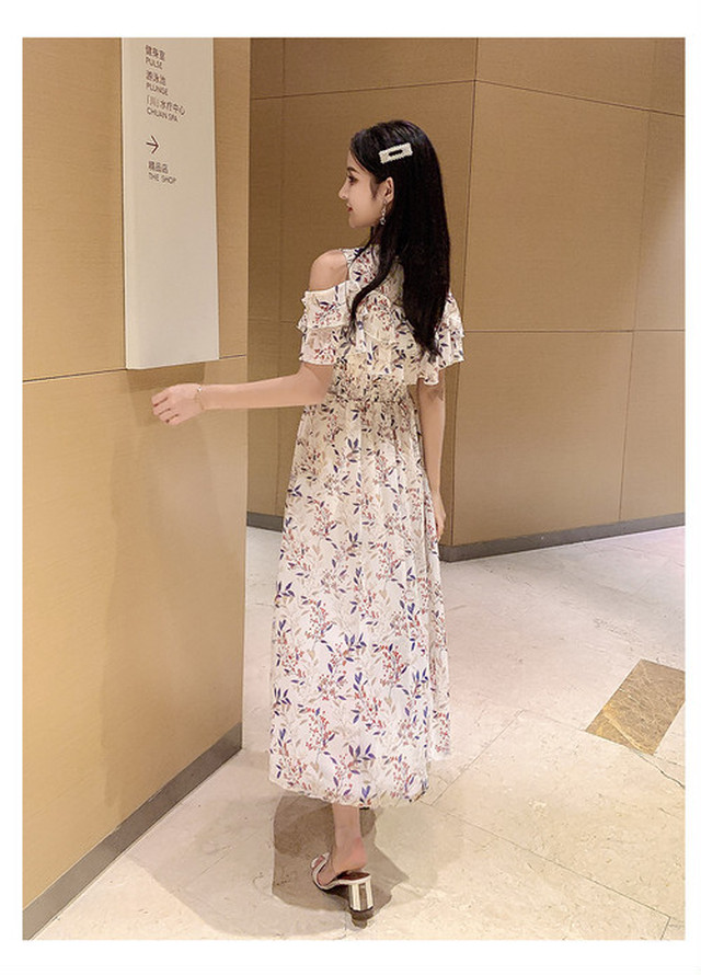 花柄ワンピース ボタニカルワンピース ワンピース マキシ丈 ロング丈 ショルダー フリル 夏 花柄 リゾート ビーチ 大人 可愛い ガーリー 爽やか フェミニン デート 旅行 海 おしゃれ Ukiukionepicec