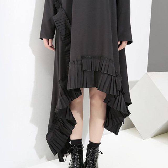 ダブルフリル フィッシュテール ワンピース ティアード フリル ヘムカット アシメ アシンメトリー イレギュラーヘム ゴシック モード系 黒 ドレープ ロングワンピース レディース 上品 ロングワンピ モノクロ ロングワンピ 韓国 原宿系 お支払い後日以内に発送
