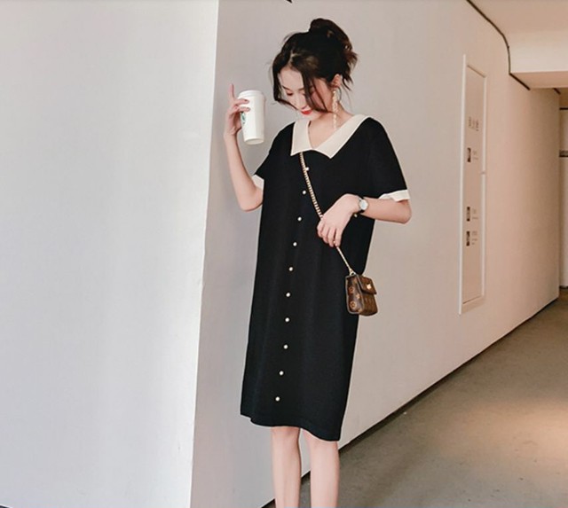 バイカラー 襟付きワンピース 半袖 無地 膝丈 Iライン パールビジュー Vネック 背中見せ セクシー 体型カバー 上品 フェミニン レディース ワンピース Lalas
