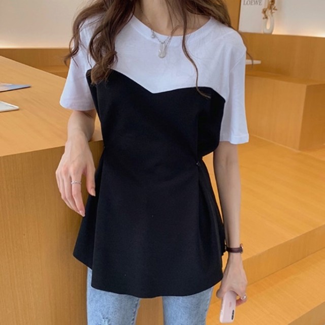 チュニック Tシャツ 夏服 レディース 韓国 ファッション レディース 夏トップス 切り替えトップス 大人可愛い トップス レディース 春夏 カラーブロック 体型カバー チュニック トップス Vestito