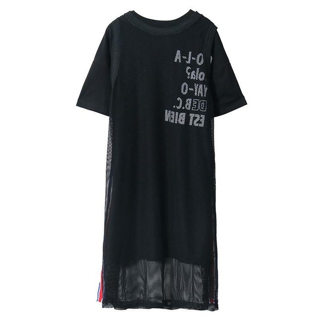 お届けまで15日以内 Tierra08 ブラック メッシュ ワンピース風 黒 半袖 夏 モノトーン モード Tieera08 ティエラ